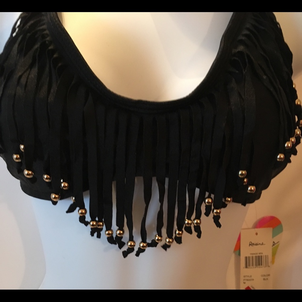 Raisins Black Beaded Fringe Bikini Top Jr Med New